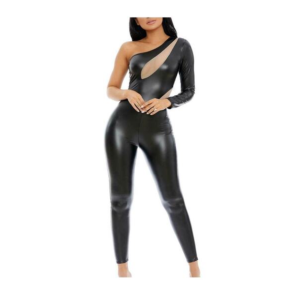 Fredrick's Black Asymmetrical Wetlook Catsuit Jumpsuit size Small - Picture 1 of 16